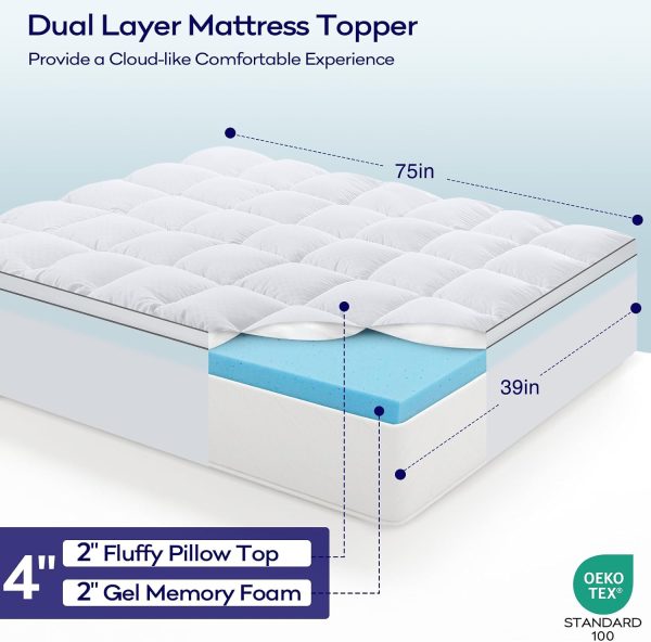 RUGSREAL 4 Inch Dual-Layer Mattress Topper, Gel Memory Foam, White