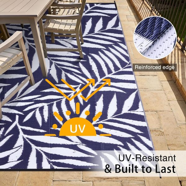RUGSREAL Outdoor Rug 6x9 ft Waterproof Reversible Leaf Mat, Navy & White