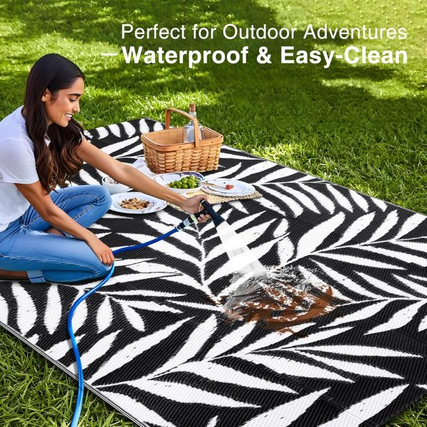RUGSREAL Outdoor Rug 5x8 ft Waterproof Reversible Leaf Mat, Black & White