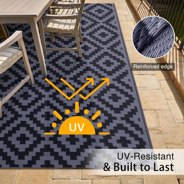 RUGSREAL Outdoor Rug 5x8 ft Waterproof Reversible Mat, Black & Grey