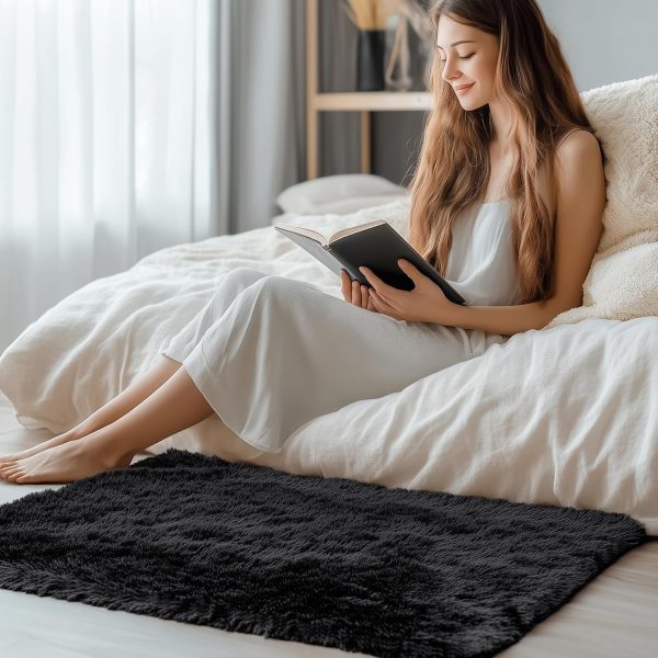RUGSREAL 2x3 Machine Washable Small Bedside Rug, Soft Fluffy Shaggy Entryway Throw Rugs for Bedroom, Living Room, Indoor Floor Carpet for Kids Girls and Boys, Nursery Rooms, Home Decor Aesthetic, Black