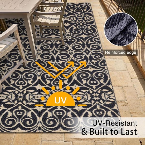RUGSREAL Outdoor Rug 5x8 ft Waterproof Reversible Floral Mat, Black & Beige