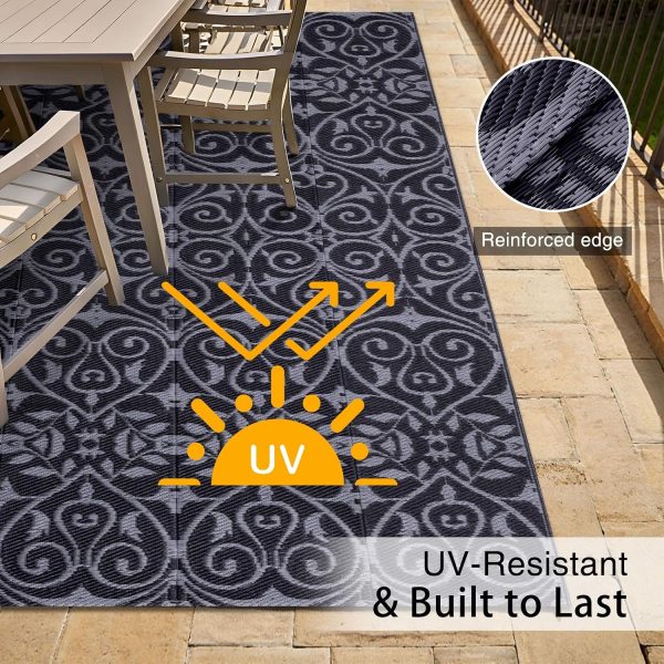 RUGSREAL Outdoor Rug 5x8 ft Waterproof Reversible Floral Mat, Black & Grey