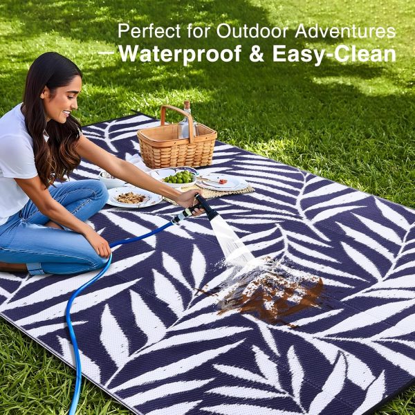 RUGSREAL Outdoor Rug 6x9 ft Waterproof Reversible Leaf Mat, Navy & White