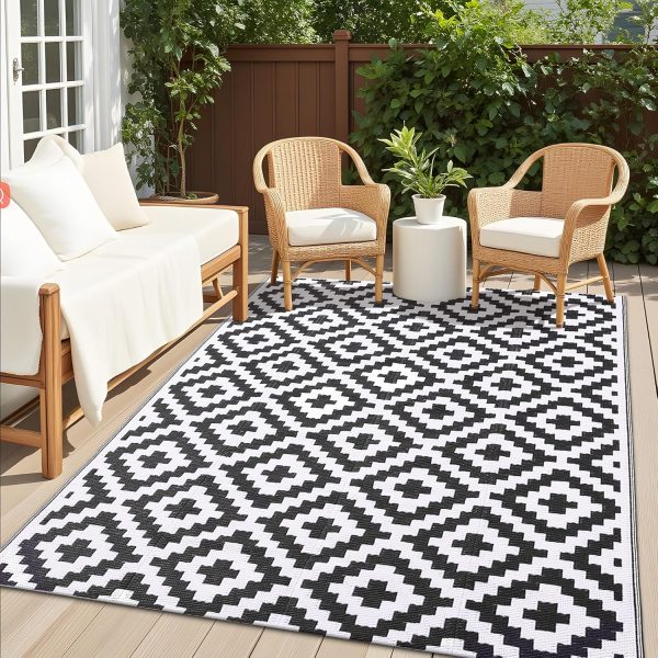 RUGSREAL Outdoor Rug 5x8 ft Waterproof Reversible Mat, Black & White
