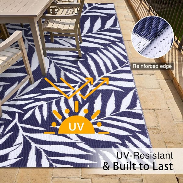 RUGSREAL Outdoor Rug 5x8 ft Waterproof Reversible Leaf Mat, Navy & White