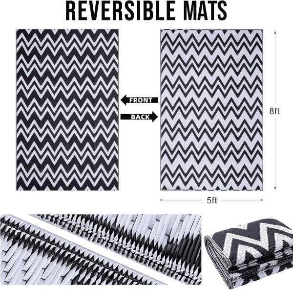 RUGSREAL Outdoor Rug 5x8 ft Waterproof Reversible Chevron Mat, Black & White