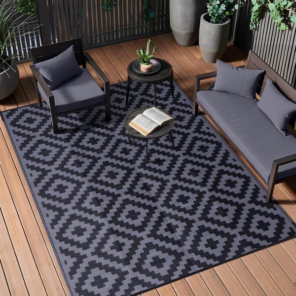 RUGSREAL Outdoor Rug 6x9 ft Waterproof Reversible Mat, Black & Grey