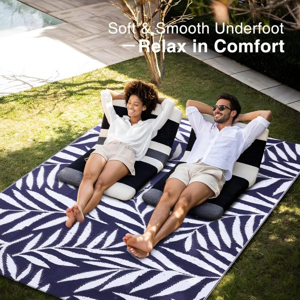 RUGSREAL Outdoor Rug 5x8 ft Waterproof Reversible Leaf Mat, Navy & White