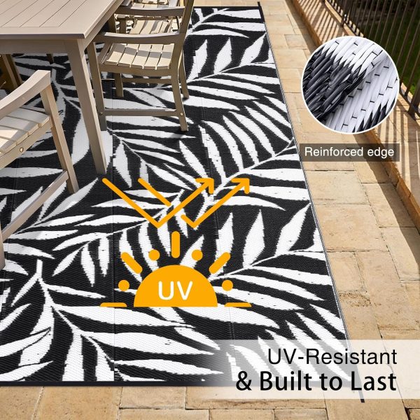 RUGSREAL Outdoor Rug 6x9 ft Waterproof Reversible Leaf Mat, Black & White