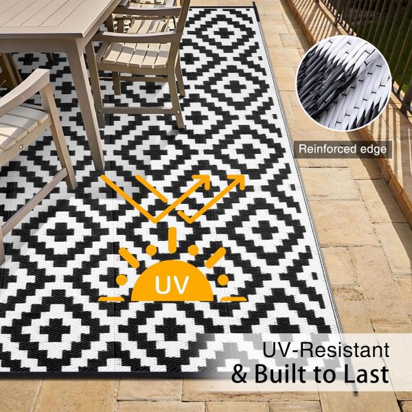 RUGSREAL Outdoor Rug 6x9 ft Waterproof Reversible Mat, Black & White
