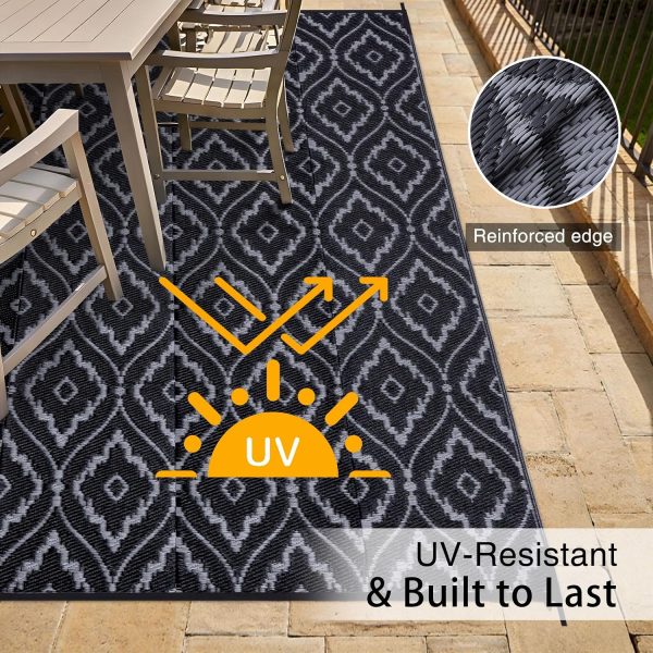 RUGSREAL Outdoor Rug 8x10 ft Waterproof Reversible Braided Mat, Black & Grey