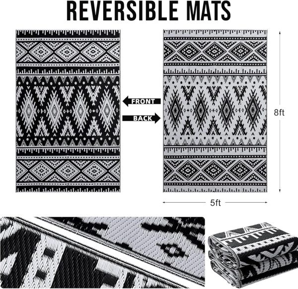 RUGSREAL Outdoor Rug 5x8 ft Waterproof Reversible Boho Mat, Black & White