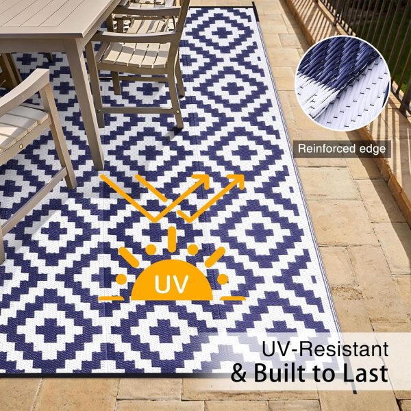 RUGSREAL Outdoor Rug 8x10 ft Waterproof Reversible Mat, Navy & White