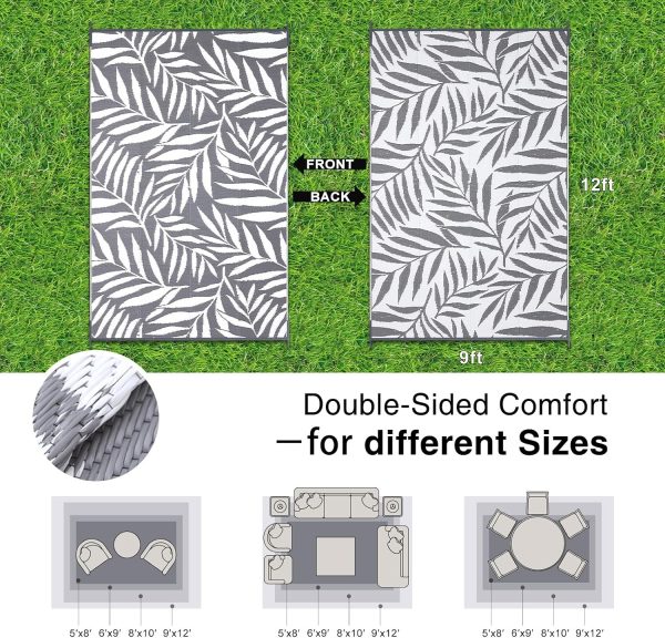 RUGSREAL Outdoor Rug 9x12 ft Waterproof Reversible Leaf Mat, Grey & White
