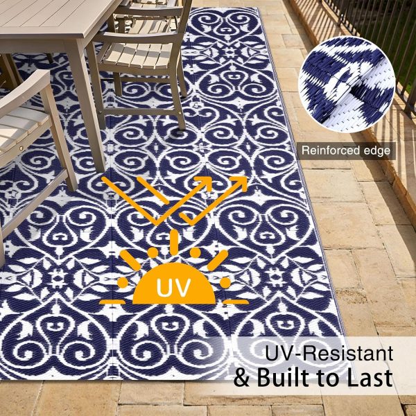 RUGSREAL Outdoor Rug 5x8 ft Waterproof Reversible Floral Mat, Navy & White