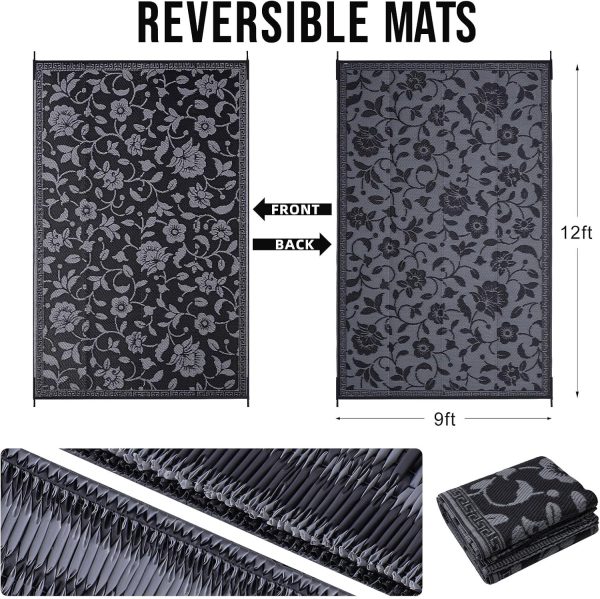 RUGSREAL Outdoor Rug 9x12 ft Waterproof Reversible Floral Mat, Black & Grey