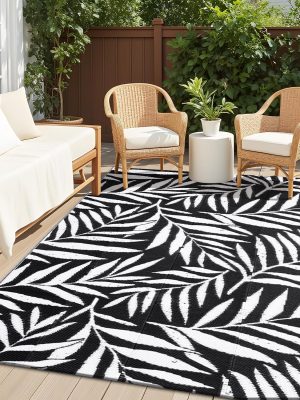 RUGSREAL Outdoor Rug 5x8 ft Waterproof Reversible Leaf Mat, Black & White
