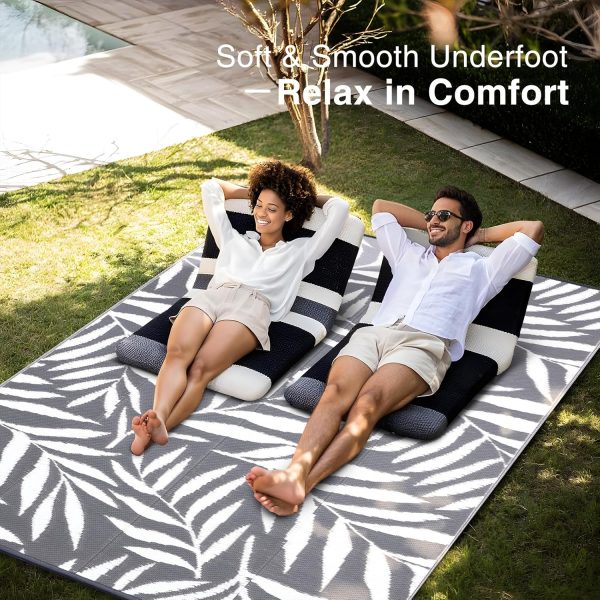 RUGSREAL Outdoor Rug 9x12 ft Waterproof Reversible Leaf Mat, Grey & White