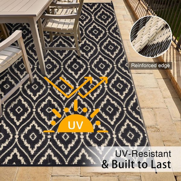 RUGSREAL Outdoor Rug 6x9 ft Waterproof Reversible Floral Mat, Black & Beige