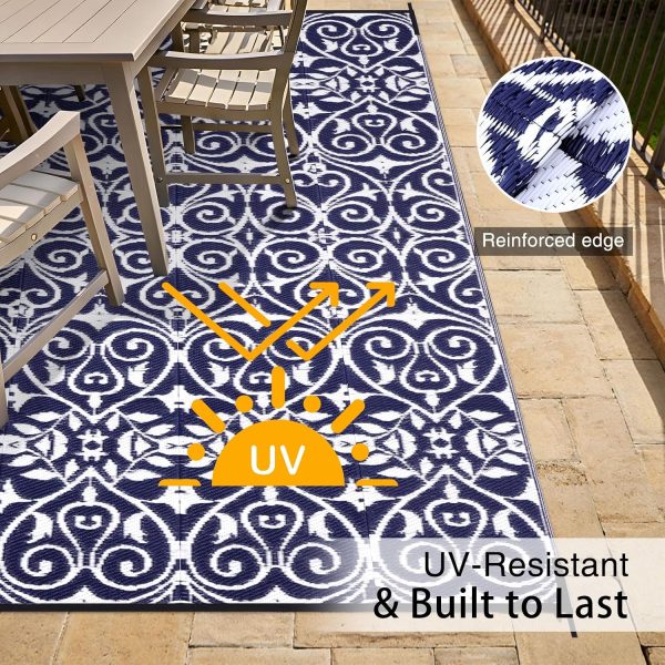 RUGSREAL Outdoor Rug 6x9 ft Waterproof Reversible Floral Mat, Navy & White