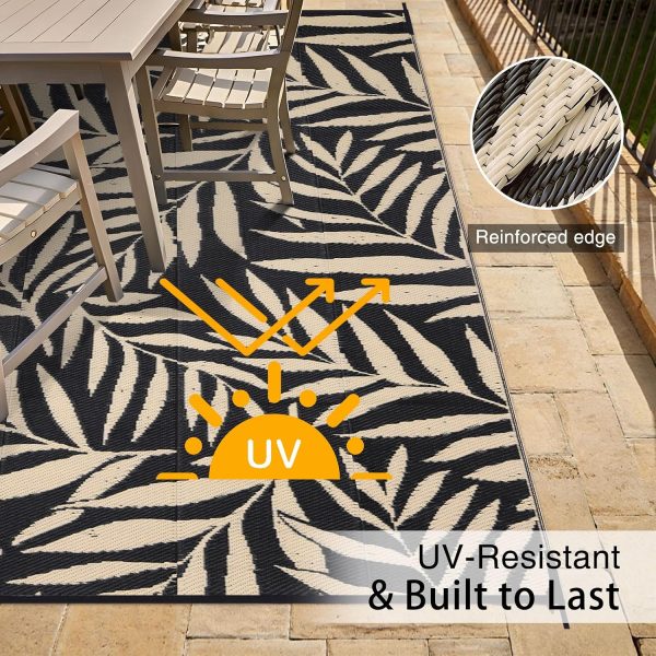 RUGSREAL Outdoor Rug 9x12 ft Waterproof Reversible Leaf Mat, Black & Beige