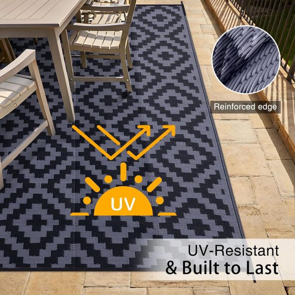 RUGSREAL Outdoor Rug 6x9 ft Waterproof Reversible Mat, Black & Grey