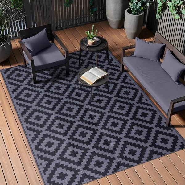 RUGSREAL Outdoor Rug 5x8 ft Waterproof Reversible Mat, Black & Grey