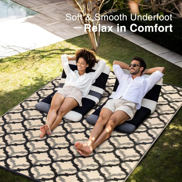 RUGSREAL Outdoor Rug 9x12 ft Waterproof Reversible Braided Mat, Black & Beige