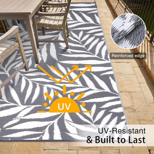 RUGSREAL Outdoor Rug 9x12 ft Waterproof Reversible Leaf Mat, Grey & White