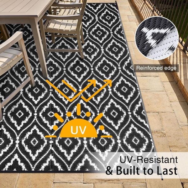 RUGSREAL Outdoor Rug 6x9 ft Waterproof Reversible Braided Mat, Black & White
