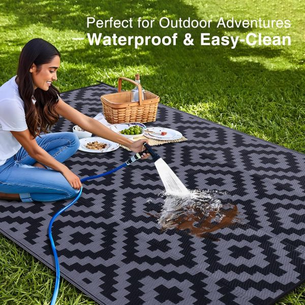 RUGSREAL Outdoor Rug 6x9 ft Waterproof Reversible Mat, Black & Grey