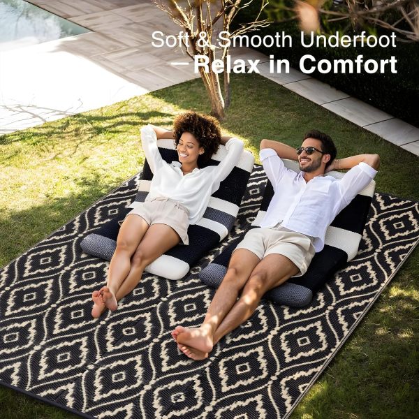 RUGSREAL Outdoor Rug 6x9 ft Waterproof Reversible Floral Mat, Black & Beige