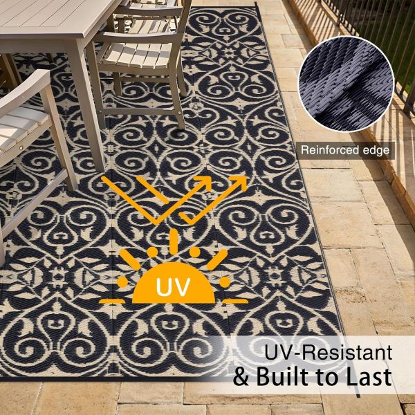 RUGSREAL Outdoor Rug 9x12 ft Waterproof Reversible Floral Mat, Black & Beige