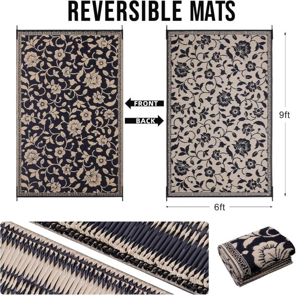 RUGSREAL Outdoor Rug 6x9 ft Waterproof Reversible Floral Mat, Black & Beige