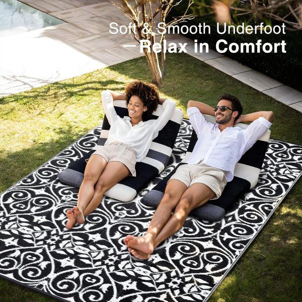 RUGSREAL Outdoor Rug 6x9 ft Waterproof Reversible Floral Mat, Black & White