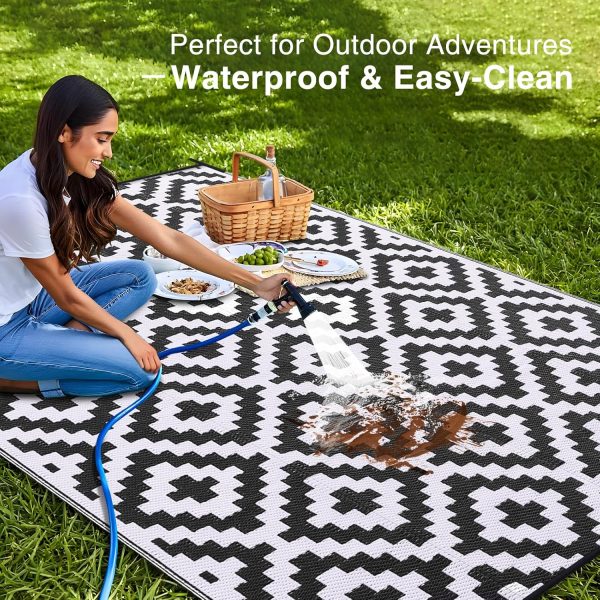 RUGSREAL Outdoor Rug 6x9 ft Waterproof Reversible Mat, Black & White