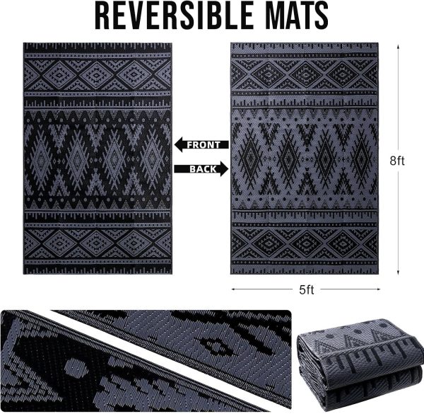 RUGSREAL Outdoor Rug 5x8 ft Waterproof Reversible Boho Mat, Black & Grey