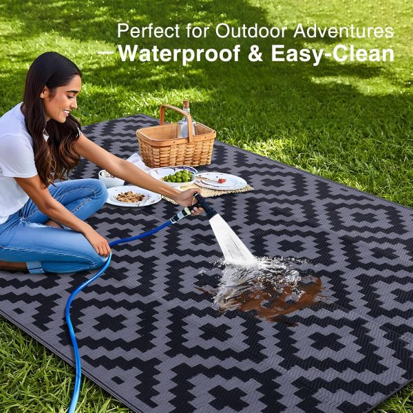 RUGSREAL Outdoor Rug 5x8 ft Waterproof Reversible Mat, Black & Grey