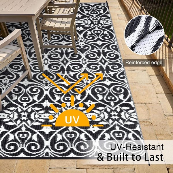 RUGSREAL Outdoor Rug 6x9 ft Waterproof Reversible Floral Mat, Black & White