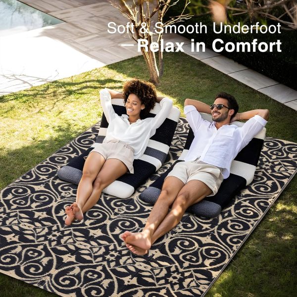 RUGSREAL Outdoor Rug 5x8 ft Waterproof Reversible Floral Mat, Black & Beige