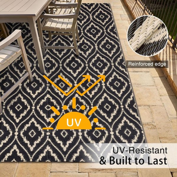 RUGSREAL Outdoor Rug 5x8 ft Waterproof Reversible Floral Mat, Black & Beige