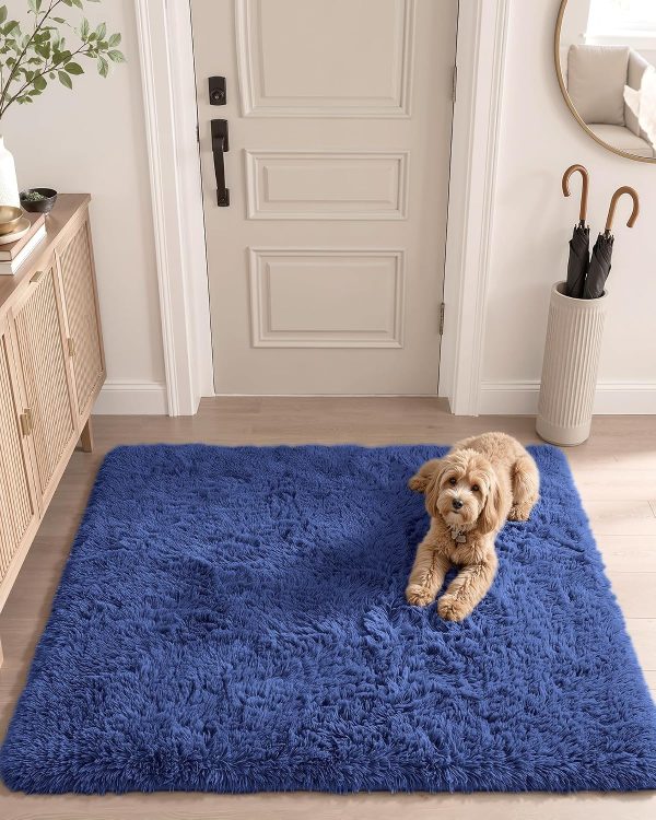 RUGSREAL 2x3 Machine Washable Small Bedside Rug, Soft Fluffy Shaggy Entryway Throw Rugs for Bedroom, Living Room, Indoor Floor Carpet for Kids Girls Boys, Nursery Rooms, Home Decor Aesthetic, Navy Blue