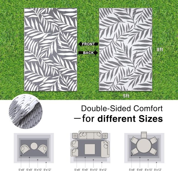 RUGSREAL Outdoor Rug 5x8 ft Waterproof Reversible Leaf Mat, Grey & White
