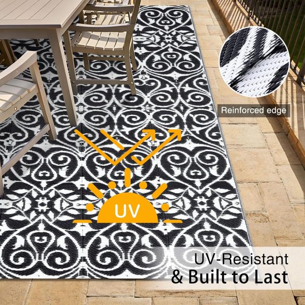 RUGSREAL Outdoor Rug 5x8 ft Waterproof Reversible Floral Mat, Black & White