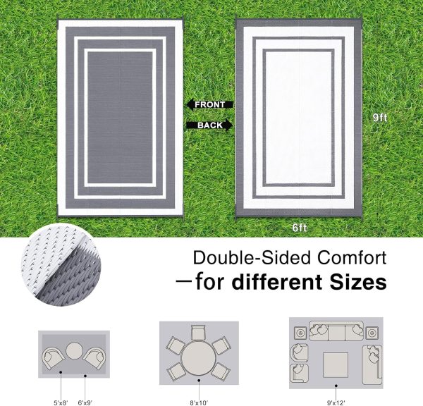RUGSREAL Outdoor Rug 6x9 ft Waterproof Reversible Mat, Grey & White