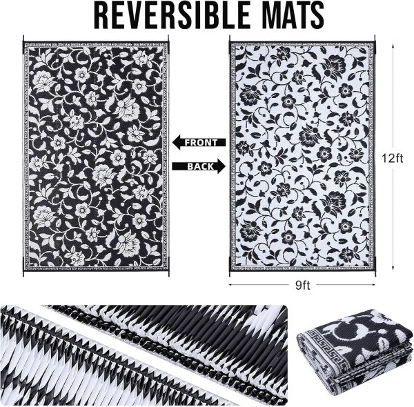 RUGSREAL Outdoor Rug 9x12 ft Waterproof Reversible Floral Mat, Black & White