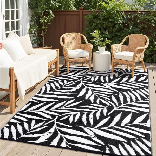 RUGSREAL Outdoor Rug 6x9 ft Waterproof Reversible Leaf Mat, Black & White