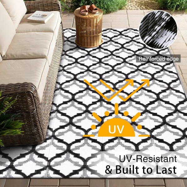 RUGSREAL Outdoor Rug 5x8 ft Waterproof Reversible Braided Mat, Black & White