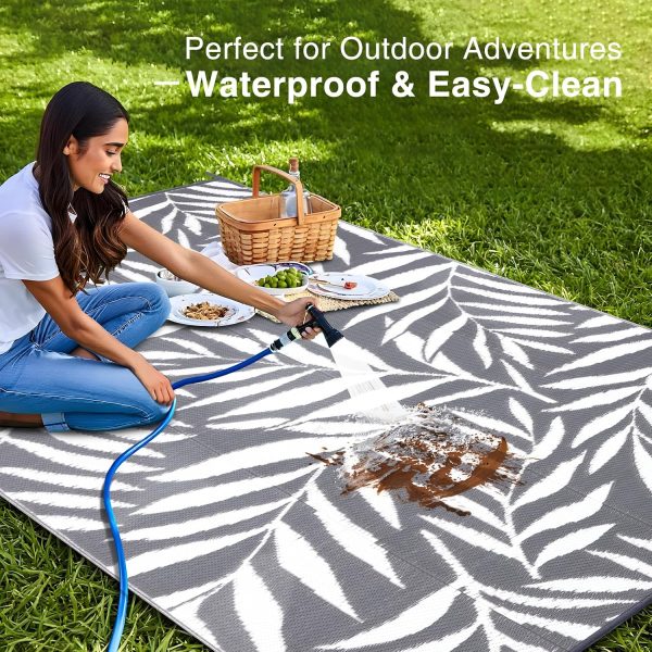 RUGSREAL Outdoor Rug 9x12 ft Waterproof Reversible Leaf Mat, Grey & White